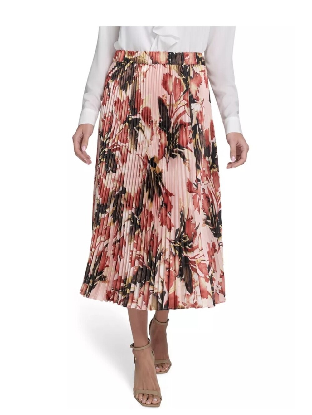 Calvin Klein Floral Pleated Midi Skirt Pink Multi Watercolor Floral Size 14 NWT